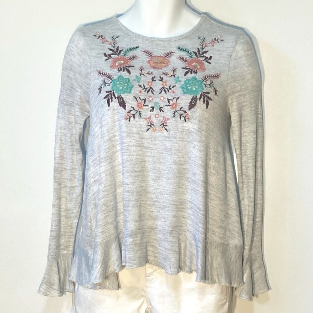 Altar'd State SZ S Gray sweater embroidered Comfort Cottage Coquette Soft Ruffle